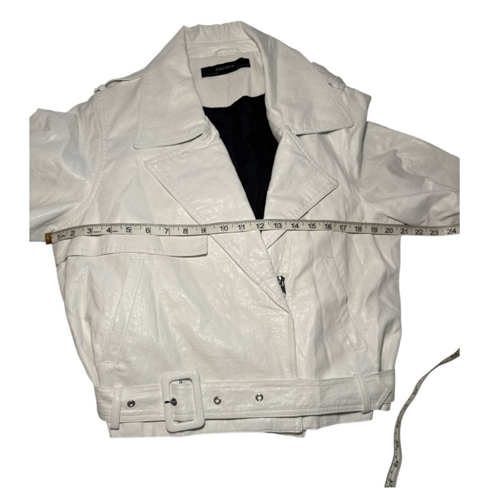 Zara White Faux Leather Moto Jacket Belted Oversized Lapel Medium - Picture 9 of 10